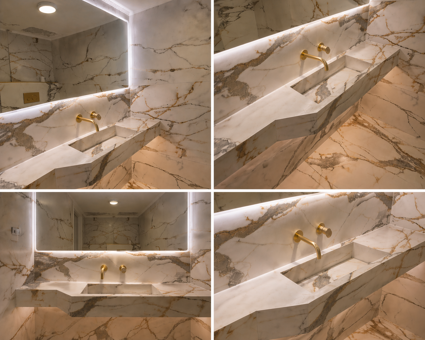 Wide vanity view showing Calacatta Gold surfaces and integrated lighting