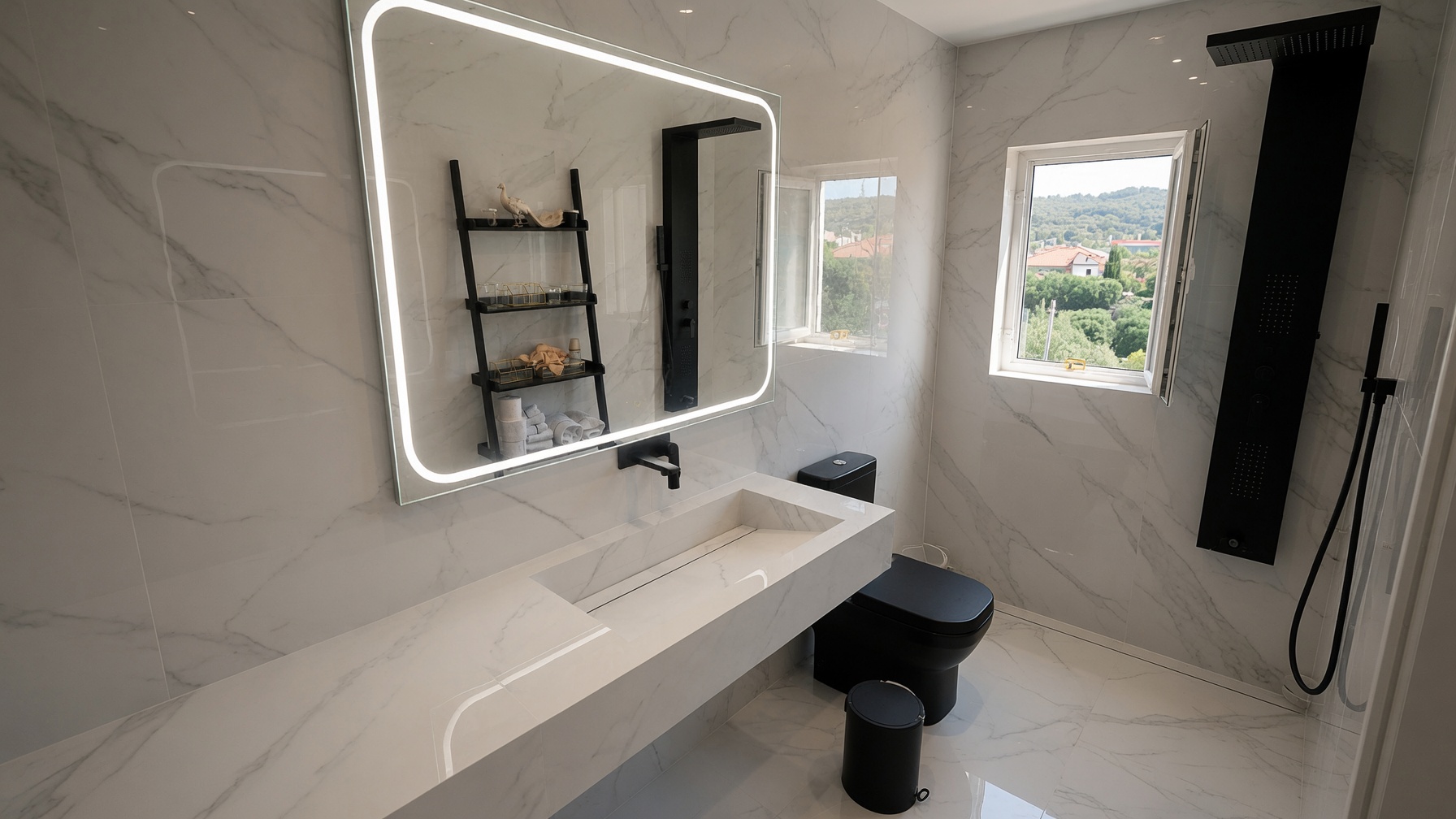 Completed wall-to-wall Calacatta-effect porcelain trough basin made to measure for a bright bathroom