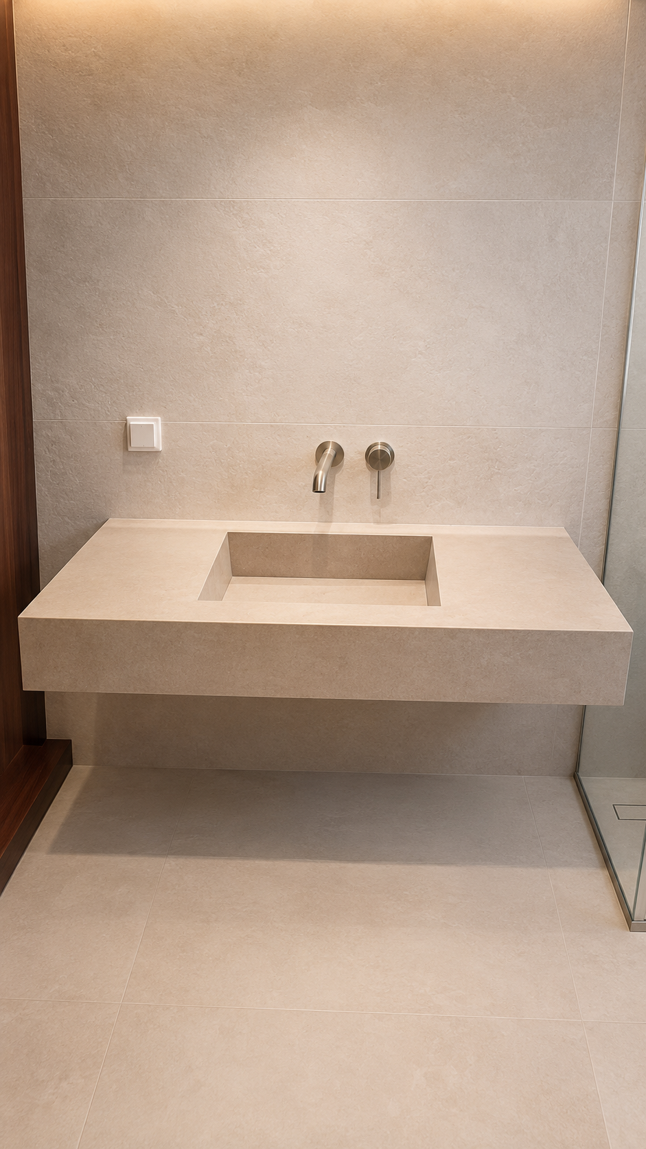 Completed warm stone-effect floating made-to-measure porcelain basin installed beside a glass shower