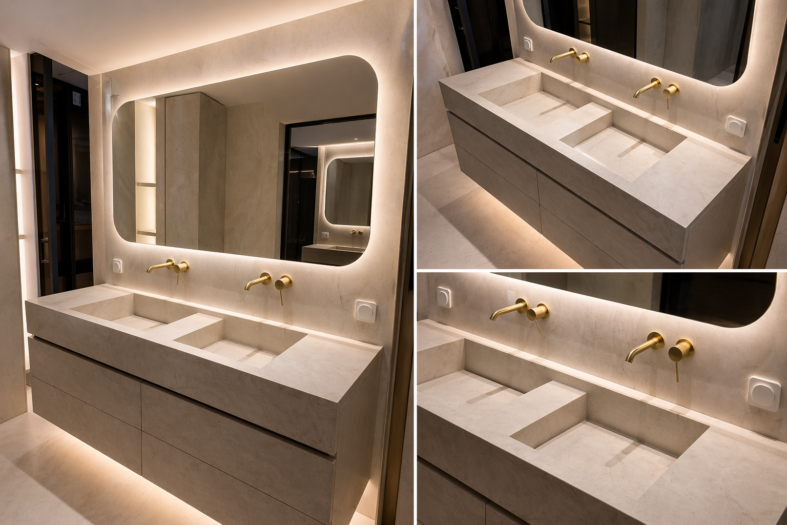 Paired basins aligned beneath two framed mirrors with brass fittings