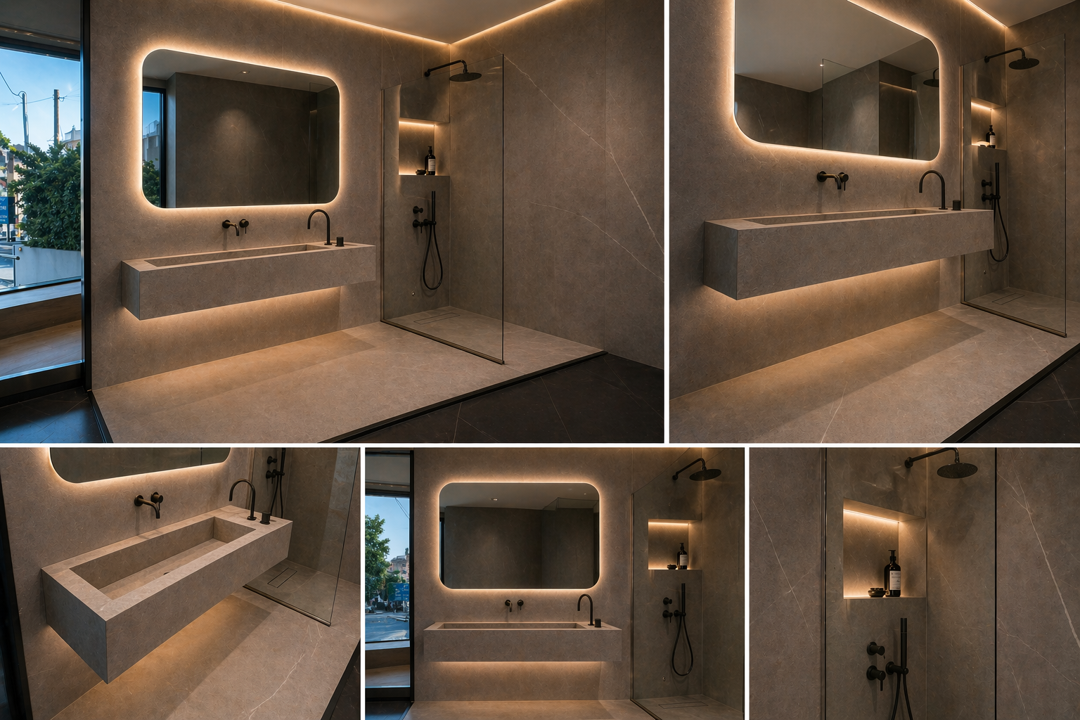 Wide view showing the floating graphite sink and illuminated wall surfaces