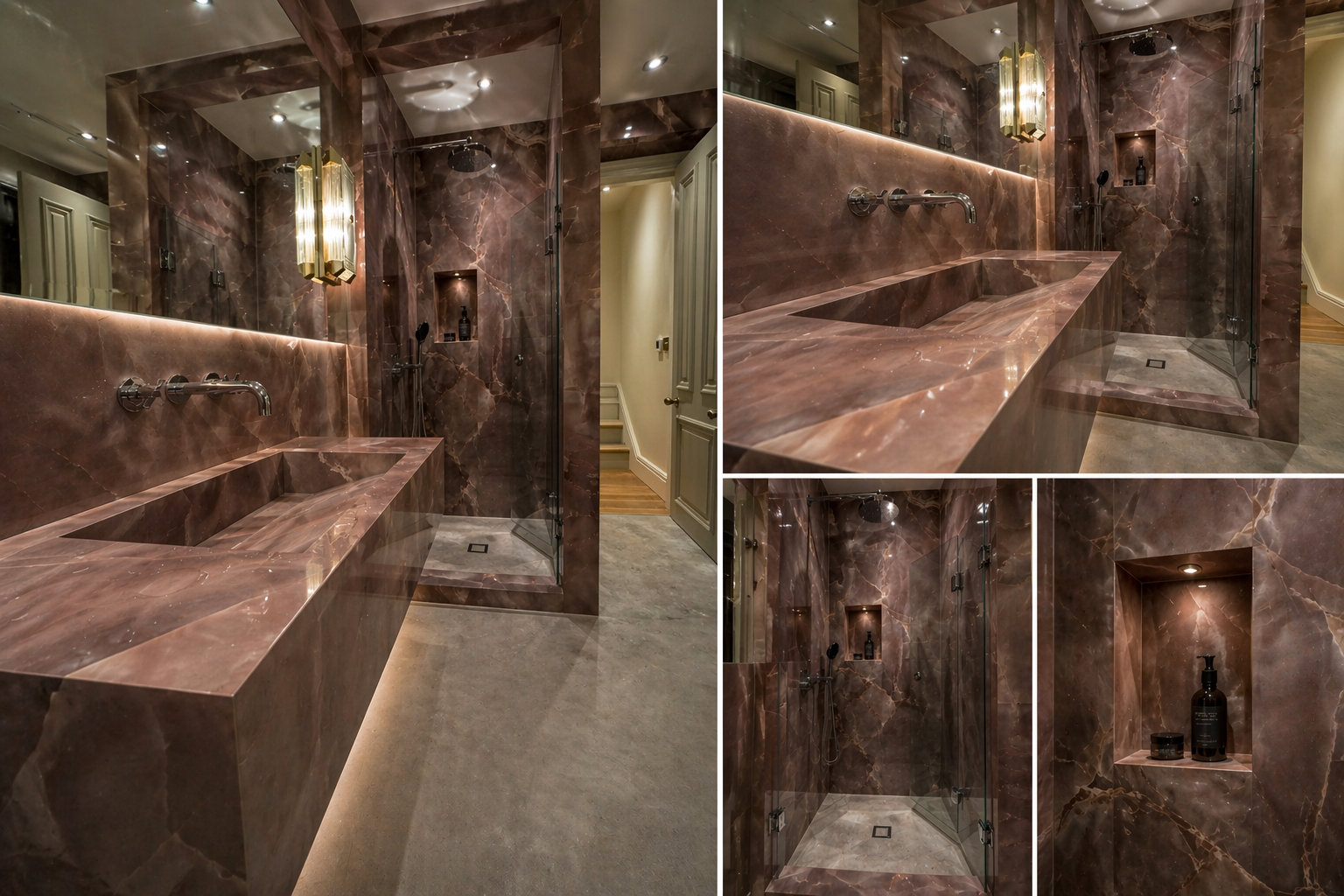 Wide bathroom view with polished mauve porcelain across sink and walls