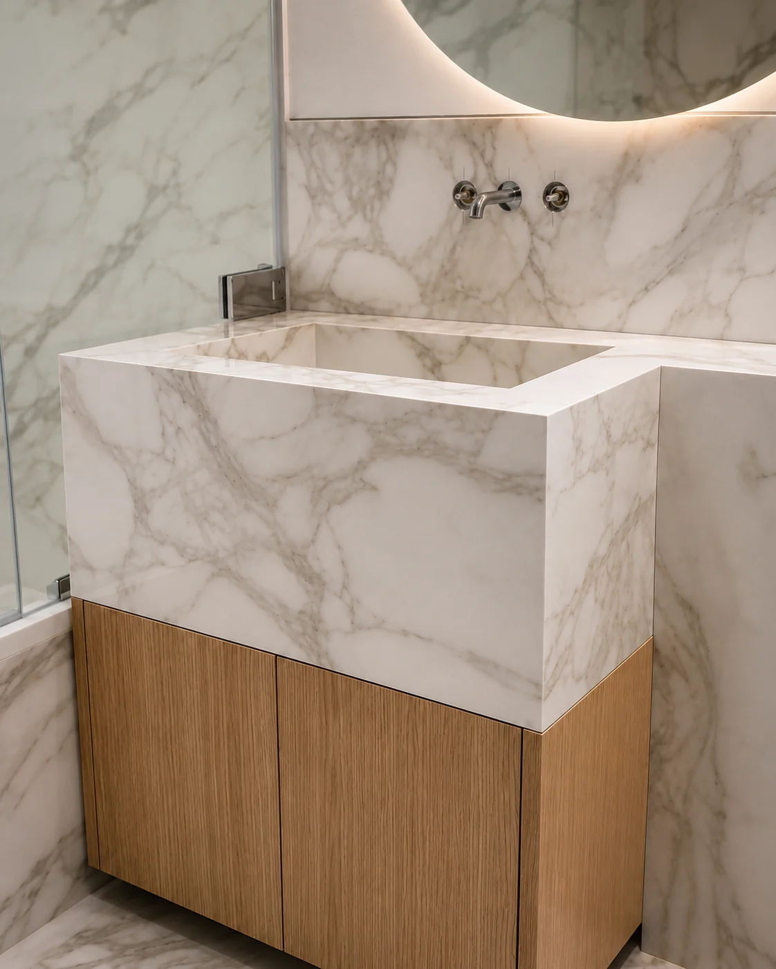 Warm oak vanity unit with bespoke porcelain basin in a marble pattern bathroom