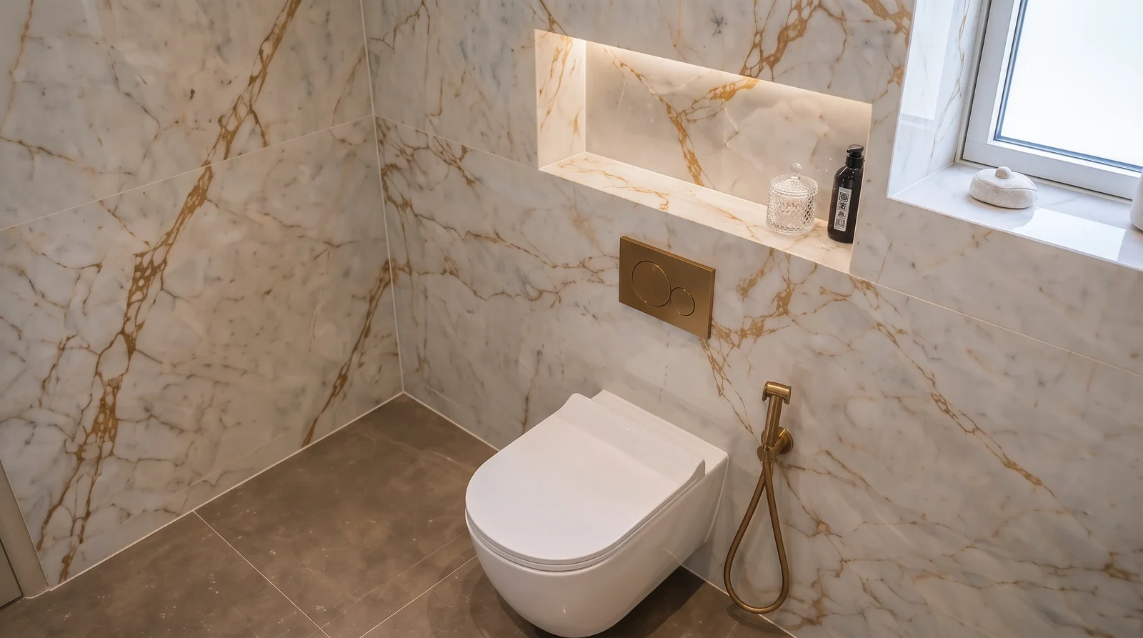 Calacatta gold bathroom niche toilet detail
