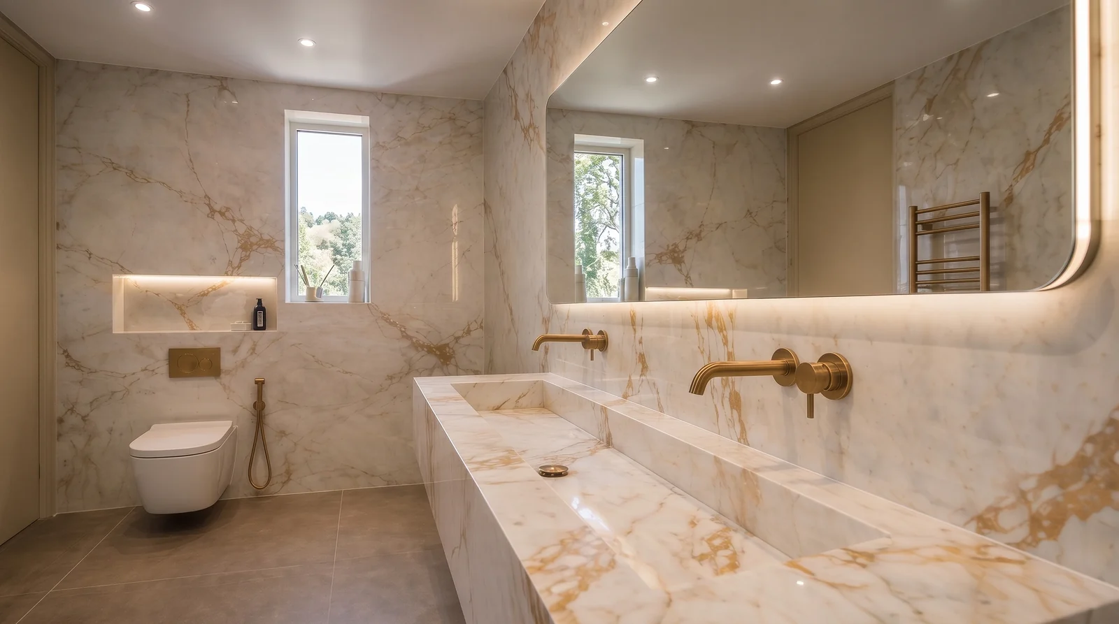 Calacatta gold porcelain vanity mirror bathroom
