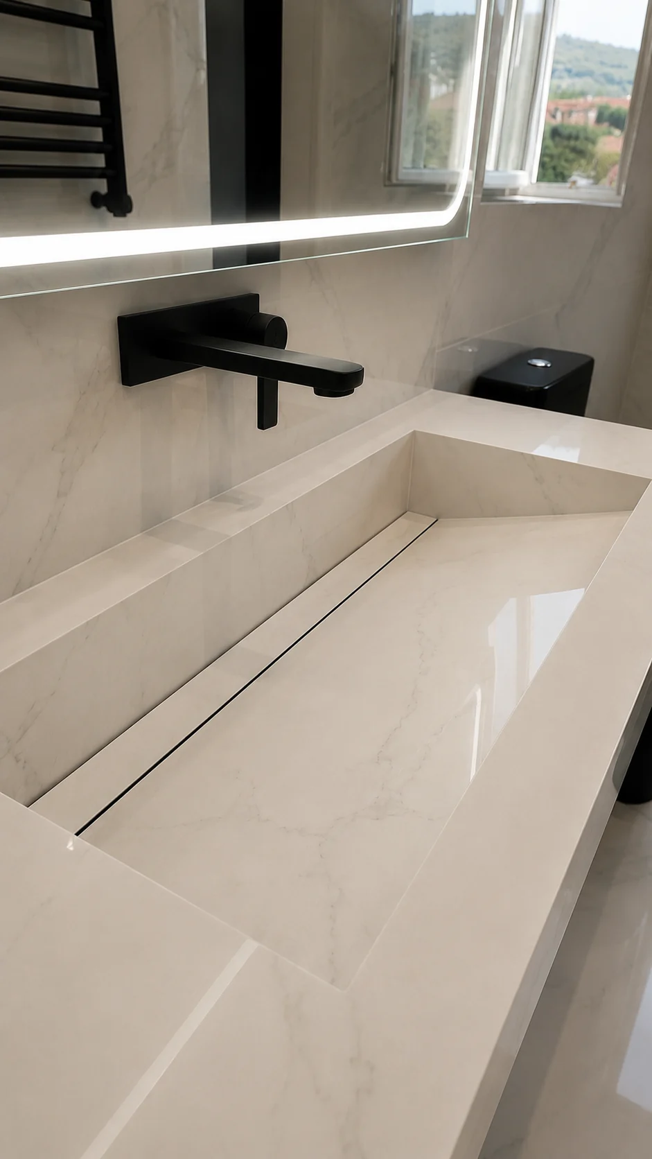 Close view of integrated porcelain basin with slim linear drain and matte black tap
