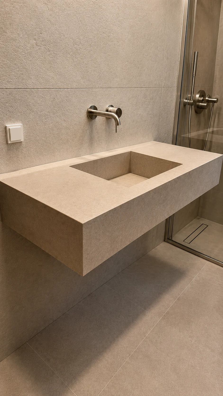 Mitred edge detail on warm stone pattern floating porcelain sink