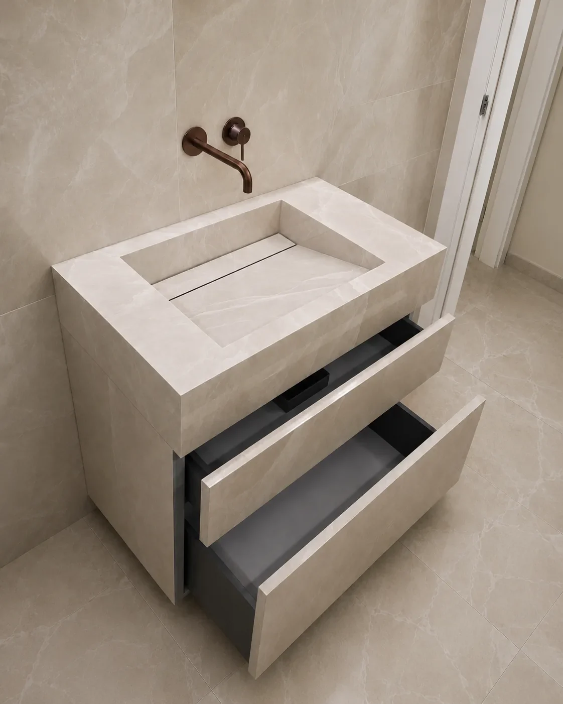 Porcelain vanity made to fit the bathroom, with two push to open drawers and matching porcelain fronts.