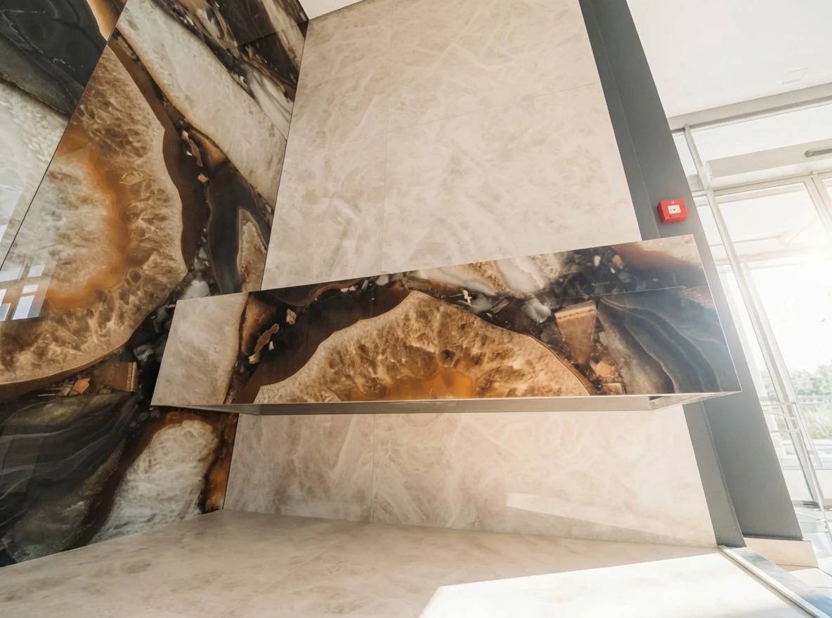 Low front view of onyx pattern floating porcelain sink with feature wall