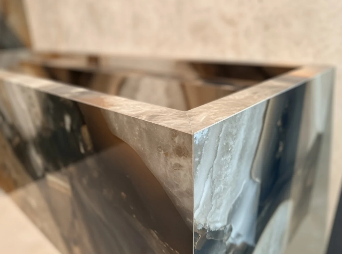 Mitred edge detail on bold onyx pattern floating porcelain sink