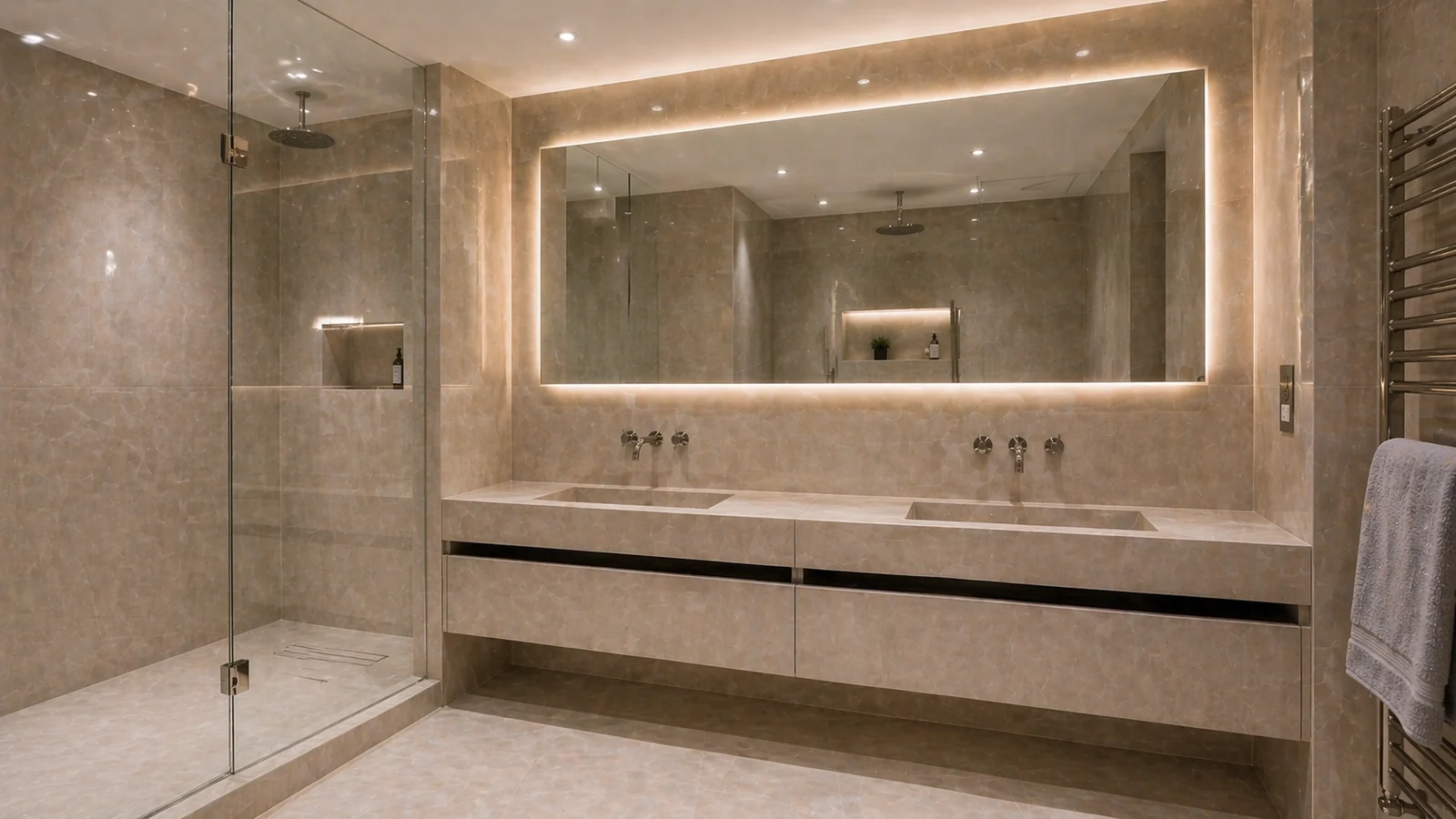 Full bathroom view with double vanity, backlit mirror and glass shower enclosure