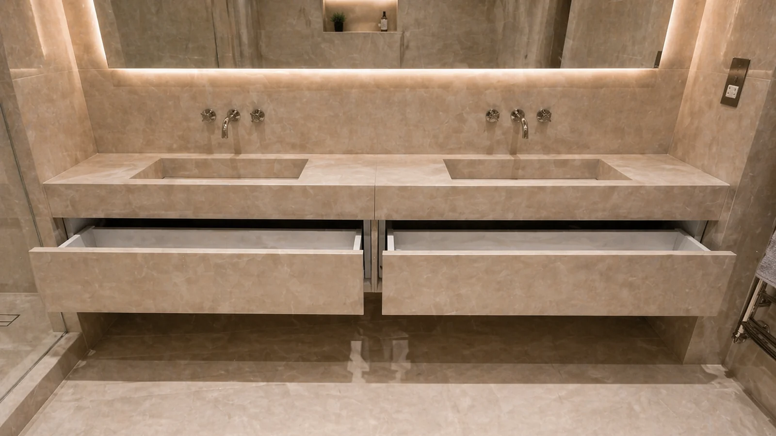 Twin integrated basins above open handleless vanity drawers