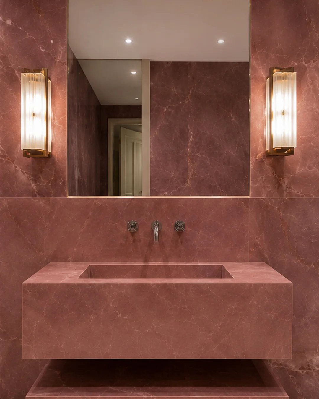 Completed floating rose Onyx-effect porcelain basin with matching shelf