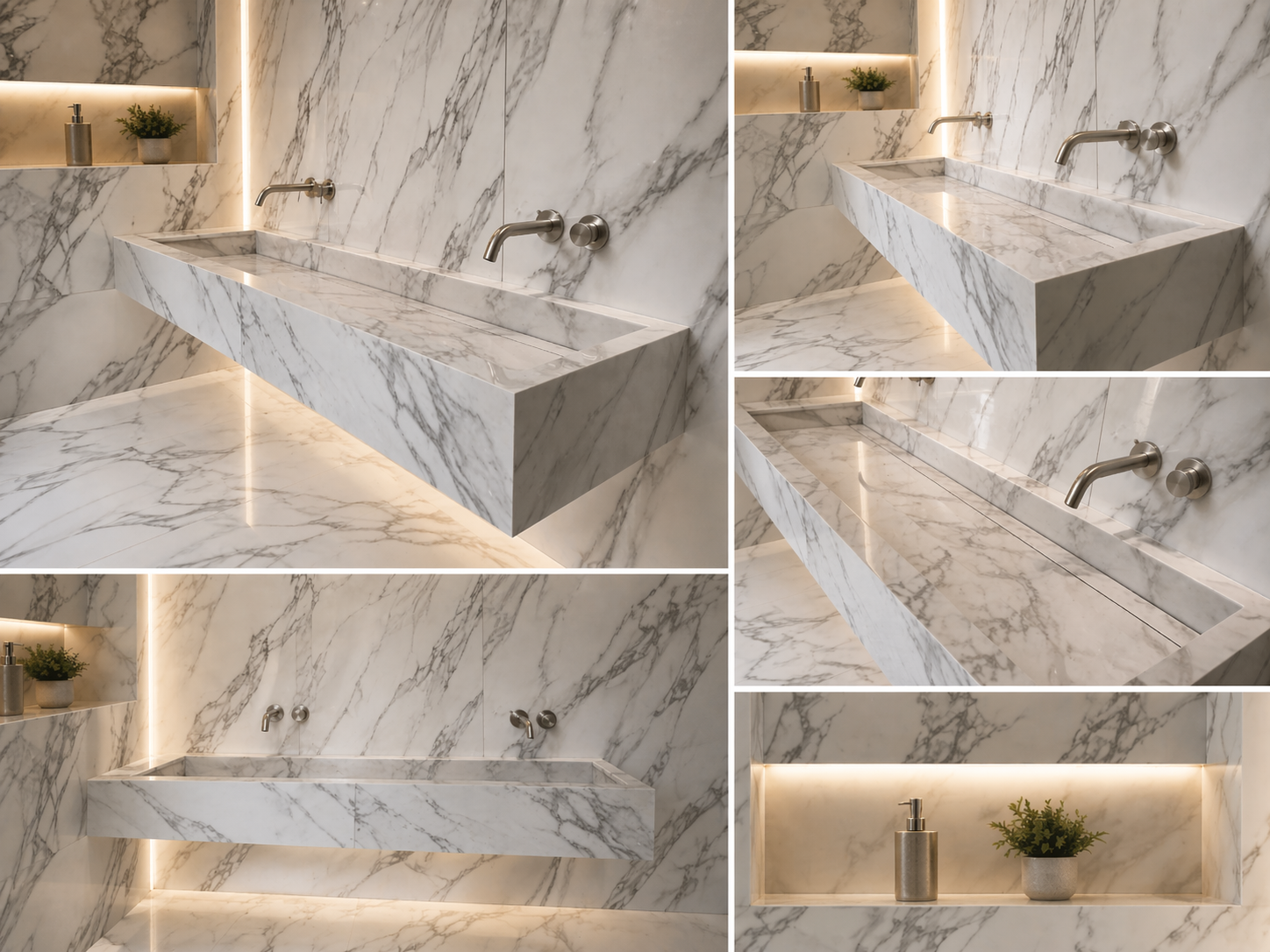 Long Statuario porcelain sink showing the integrated basin and mitred front face