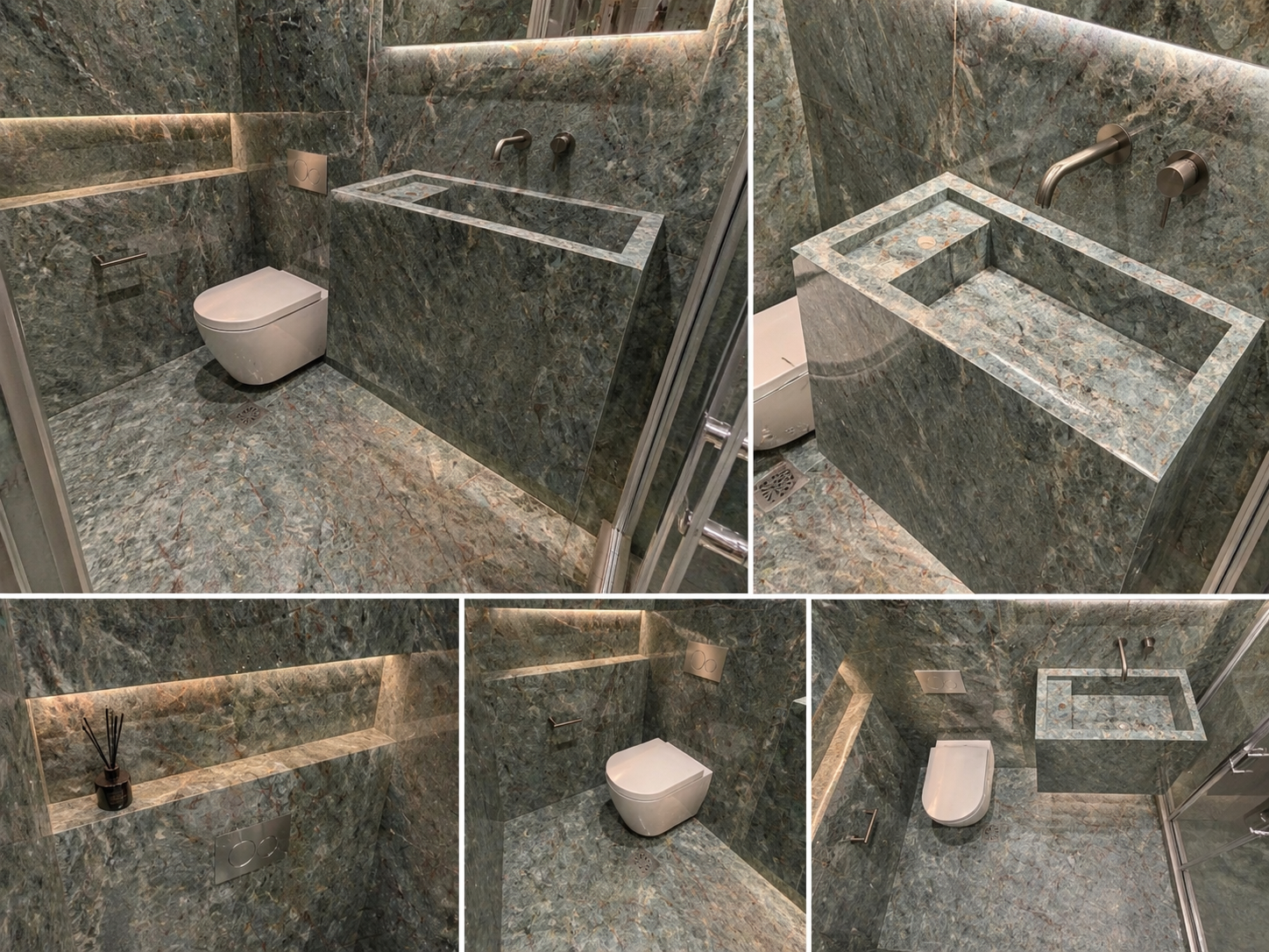 Combined views showing full height green porcelain walls and basin layout