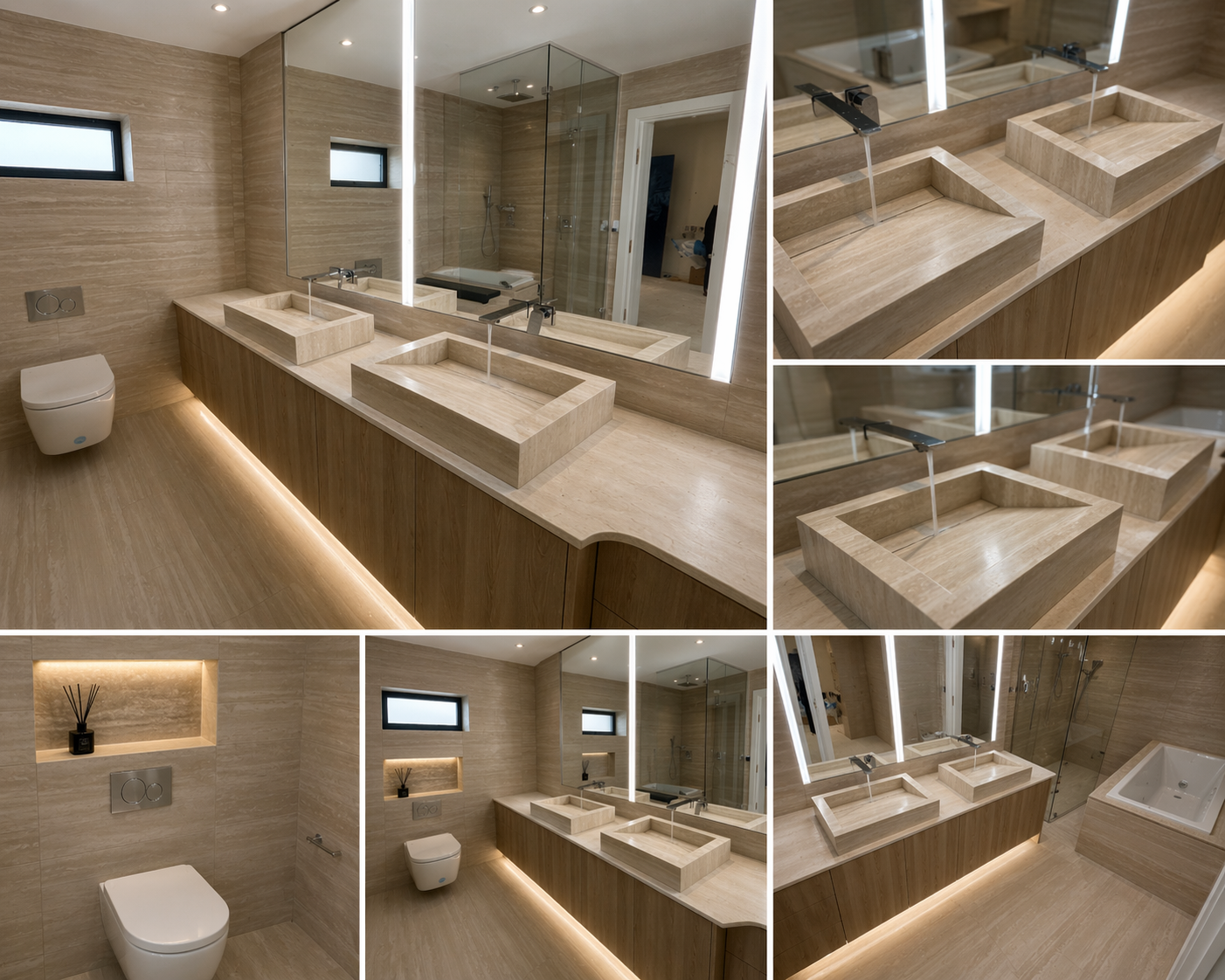 Combined views showing walnut cabinetry, mirrors and layered lighting